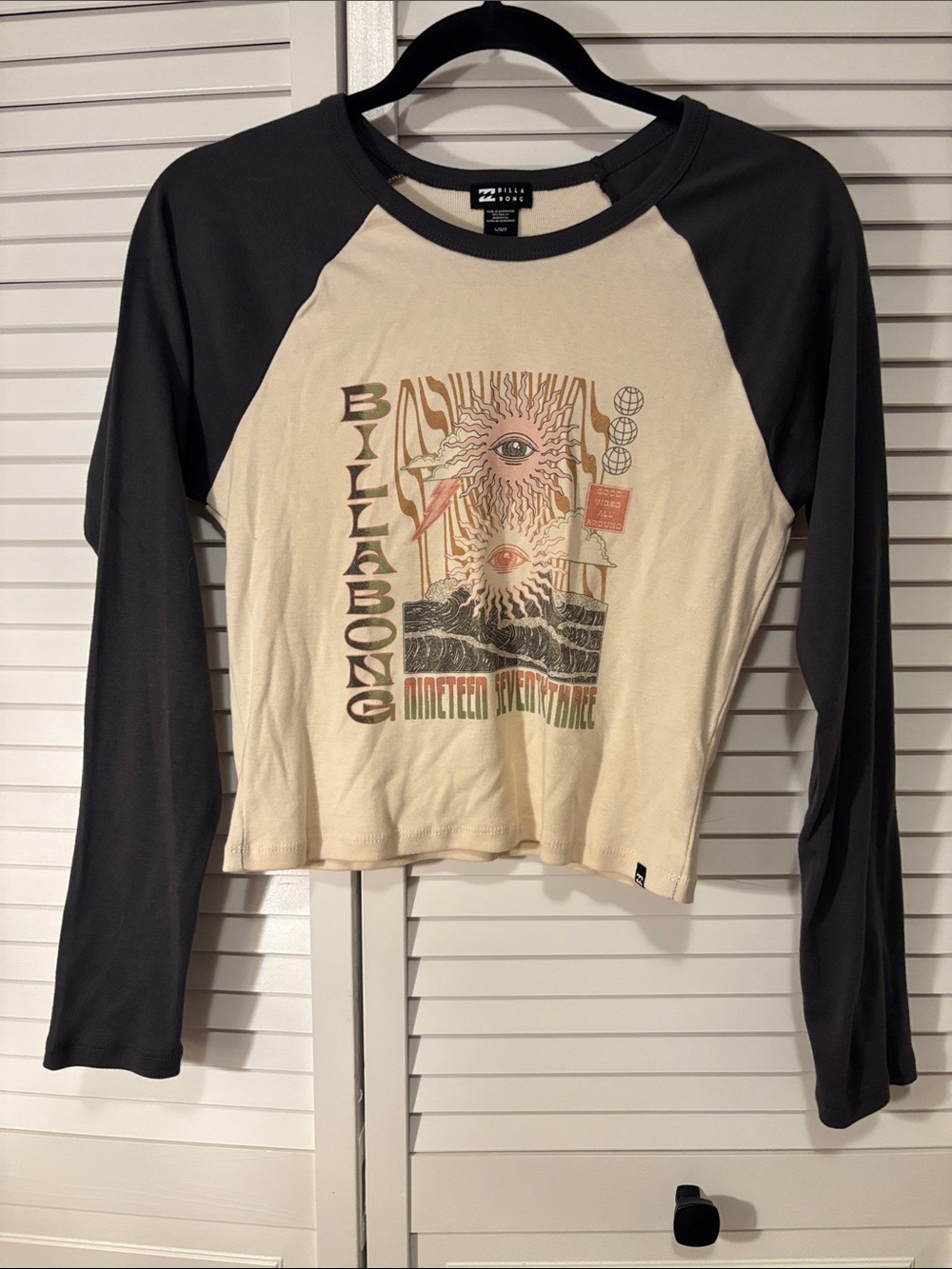 Billabong Cream Body Black Raglan Long Sleeve Tee with Graphic